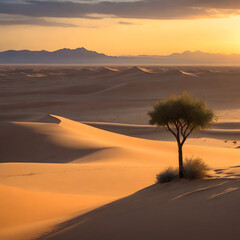 A vast desert landscape at sunset