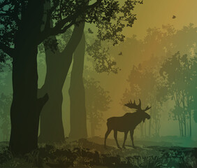 ector illustration - landscape with elk, deciduous forest, green tones	 - 715793225