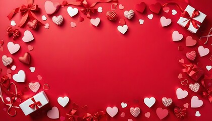 Valentine's day red background with heart shape decorations, gift and ribbons. View from above. Flat lay composition background with copy space created with generative ai