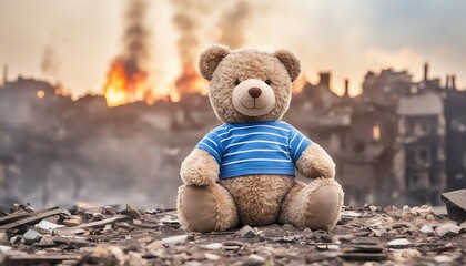 kids teddy bear over burned destructive city of an aftermath war conflict, earthquake or fire and smoke of world war against children peace innocence as copyspace banner created with generative ai - obrazy, fototapety, plakaty
