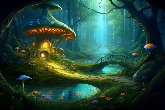 Fantasy fairy tale background. Fantasy enchanted forest with magical luminous plants, built ancient mighty trees covered with moss, with beautiful houses, butterflies and fireflies fly, Generative AI