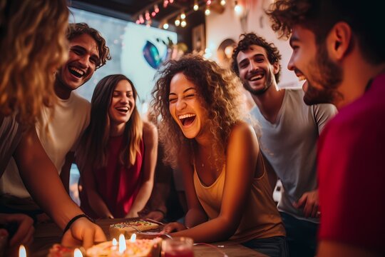 A group of friends playing party games, laughter filling the air as they celebrate a birthday together.