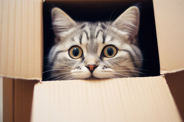 Cute and adorable tabby cat peeking out from a box