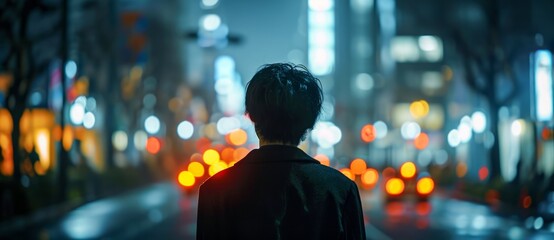 A lone figure braves the bustling city streets at night, their face obscured by the blur of passing lights as they stand under the glow of the city's neon signs