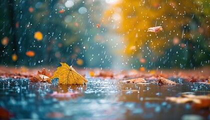 autumn background. autumn leaves on rainy glass texture, bright abstract natural backdrop. concept of fall season. rainy day weather. AI generated illustration - obrazy, fototapety, plakaty
