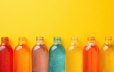 Transparent bottles filled with colorful liquids on yellow.