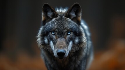 Black wolf walking in a forest close up 