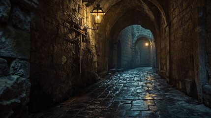 A hauntingly beautiful depiction of the Via Dolorosa, the Way of Sorrows, with atmospheric lighting illuminating the ancient stone path and the Stations of the Cross. The visual na