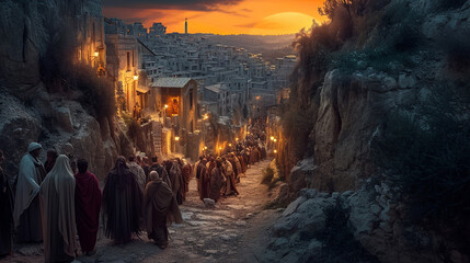A hauntingly beautiful depiction of the Via Dolorosa, the Way of Sorrows, with atmospheric lighting illuminating the ancient stone path and the Stations of the Cross. The visual na - obrazy, fototapety, plakaty