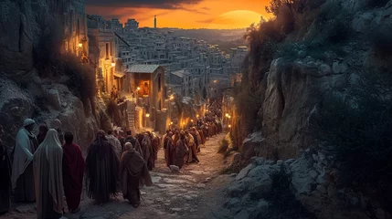 Fotobehang A hauntingly beautiful depiction of the Via Dolorosa, the Way of Sorrows, with atmospheric lighting illuminating the ancient stone path and the Stations of the Cross. The visual na © Kateryna Arkhypova