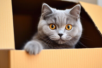 Cute and adorable grey cat peeking out from a box