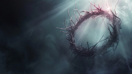 An ethereal depiction of the Crown of Thorns suspended in the air, surrounded by a soft glow. The surreal composition adds a layer of symbolism to the visual narrative of Good Frid - obrazy, fototapety, plakaty