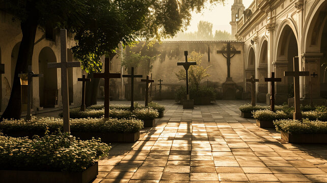 A serene image of a church courtyard adorned with draped crosses, captured in soft morning light. The visual simplicity and tranquility convey a sense of reflection and reverence f