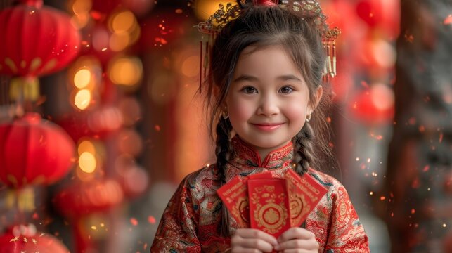 Candid shots of children exchanging traditional Chinese New Year gifts red envelopes