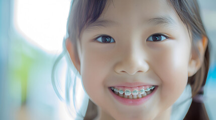 Portrait of a happy smile of a little asian girl with healthy white teeth with metal braces. Pediatric dentistry concept. copy space - obrazy, fototapety, plakaty