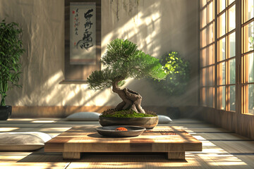 Meditation room with a woody table with a central bonsai, pillows around,  emphasizing peace and harmony in the room, sunrise