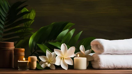 Wall murals Massage parlor luxury dark background for spa resort or massage parlor composition with white orchids, towels, massage stones and candles, with enough space for advertising text