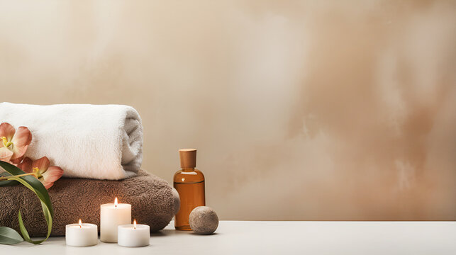 Cozy warm beige spa background with orchids, lit candles and towels copy space on marble beige background with copy space for promotional text.