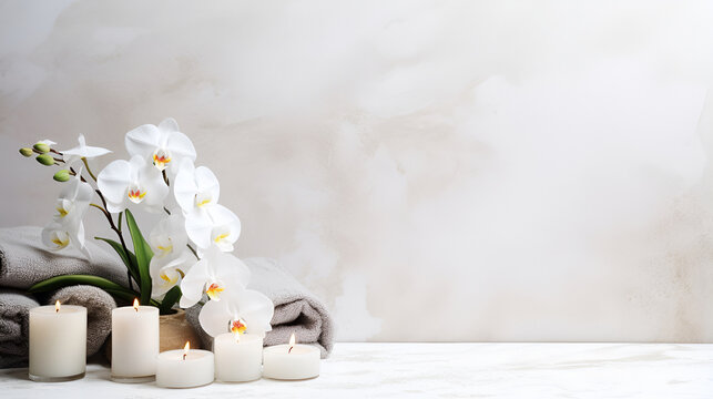 Serene wellness scene with candles, orchids, towels, and a generous area for text on a marbled backdrop.