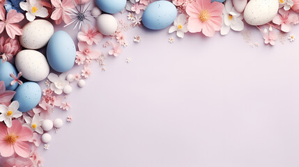 Delicately colored Easter eggs and delicate spring flowers lie on a soft pink surface, creating the perfect place for text and advertising.
