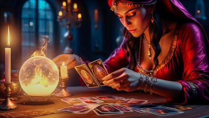 A beautiful mysterious fortune teller with piercing eyes predicts fate on a magic ball