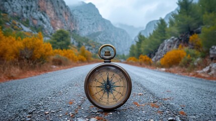 A travel compass showing direction on a street with mountain - obrazy, fototapety, plakaty