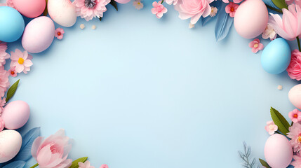 A serene blue backdrop is adorned with a vibrant frame of multicolored Easter eggs and a harmonious mix of spring flowers, presenting a peaceful space for heartfelt Easter greetings.