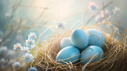 Pastel Easter banner in a nest among wildflowers and straw there are three sky blue Easter eggs, pastel peaceful background