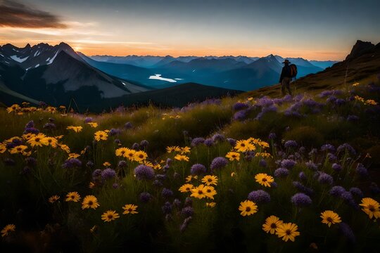 Immerse yourself in the enchanting beauty of wildflowers adorning Schafler's summit, with the rugged silhouette of Santis as a backdrop. Perfect lighting enhances the super realistic