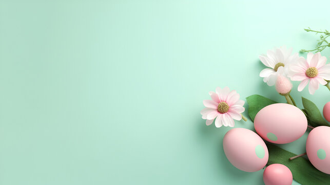 Minimalistic Easter background with eggs in pastel pink colors with spring pink flowers on a light green background with copy space for text
