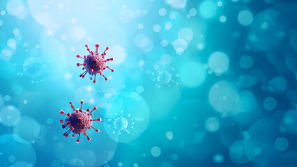 Detailed rendering of a vermilion-hued virus with influenza-like spikes and Omicron attributes on a blue gradient, space for text included. Visual for infectious diseases study.