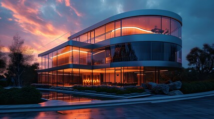 the intricate details of a sleek, glass facade reflecting the sunset hues on a modern luxury home.