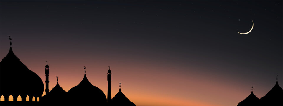 Islamic Background,Night Sky with Mosques Dome and Crescent Moon on dark purple twilight sky,Vector symbol islamic religion Eid al-Adha,Eid al-fitr,Mubarak, Islamic new year Muharram,Ramadan Kareem