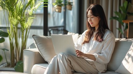 Asian young woman freelancer sitting on comfortable sofa browsing internet via laptop computer. Working from home concept.