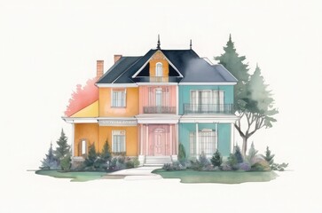 House Architecture Floorplan Watercolor Realistic Illustration 