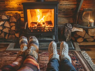 Two persons enjoying a cozy evening by a fireplace with sustainably sourced wood