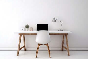 minimalist home office room with wooden table, wooden chair, a laptop, and green leaves plant in white ceramic pot. on the left, a table lamp on the right. All in Scandinavian style.