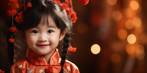 Banner with cute asian girl wearing traditional chinese costume with red, lighted copy space. Shallow depth of field.