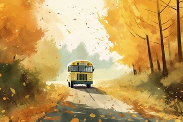 Illustration of a school bus on a road during autumn. Generative AI