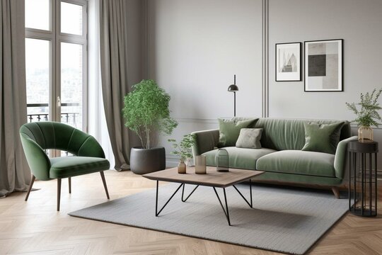 Modern living room with grey sofa, green armchair, coffee table, wooden floor, design furniture, minimalist accessories, and stylish decor. Generative AI