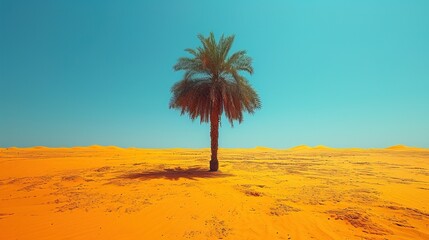 Create a minimalist composition of a lone palm tree in a vast desert, highlighting solitude and survival. This concept provides a unique take on the classic oasis theme.