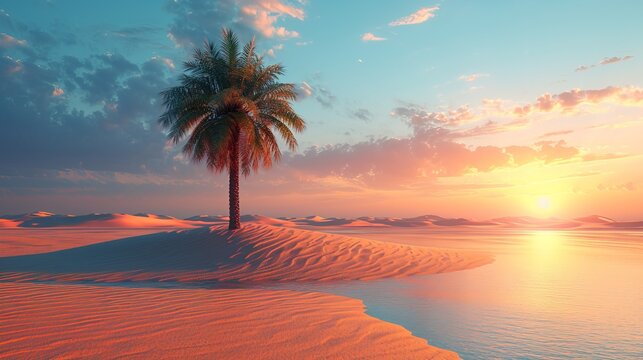 Create a minimalist composition of a lone palm tree in a vast desert, highlighting solitude and survival. This concept provides a unique take on the classic oasis theme.