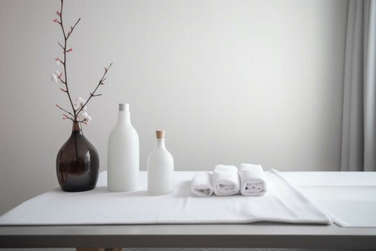 White tabletop with towels, bottles, and vase in spa onsen room. Generative AI