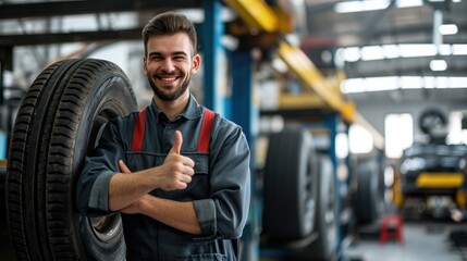 Smiling mechanic showing thumbs up with car tire in the car repair shop. - Powered by Adobe