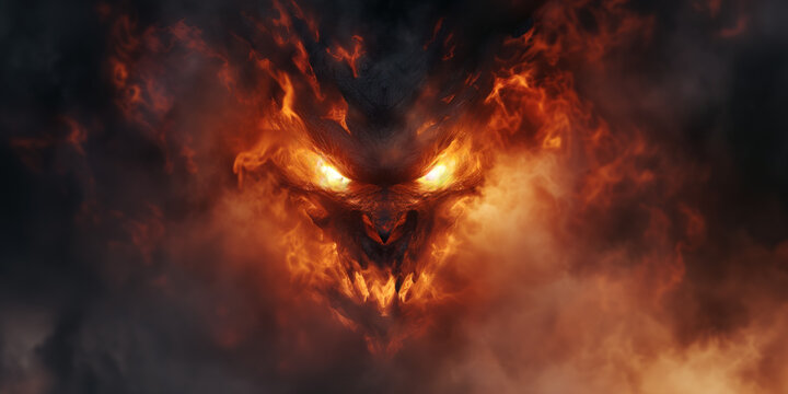 Fiery head of a evil monster in the fire