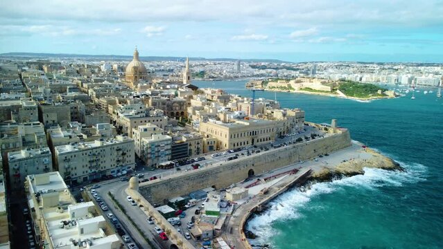 Aerial landscape in capital city Valetta, Mediterranean sea, Malta