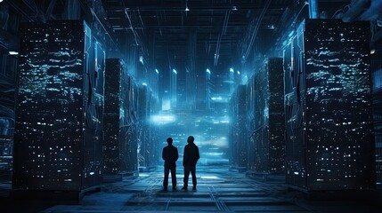 silhouette of two workers stand between two large servers set placed outside, with cloud on far away - obrazy, fototapety, plakaty