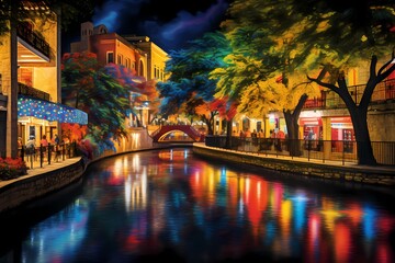 Naklejka premium The iconic San Antonio Riverwalk at night, illuminated by colorful lights and bustling with activity.