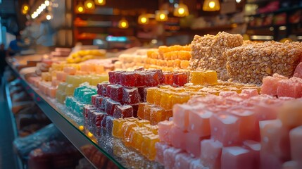 Assortment of different Turkish delights in a shop window in Istanbul, Turkey