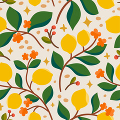 Stylish fruit seamless background. Tropical lemons pattern. Modern hand-drawn print for fabric, surface, wallpaper.
